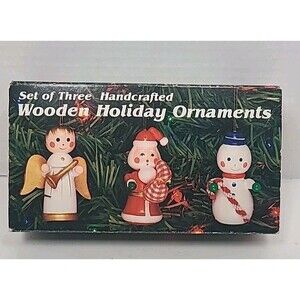 Vtg Handcrafted Wood Christmas Ornaments Set Of 3 1987 W/box